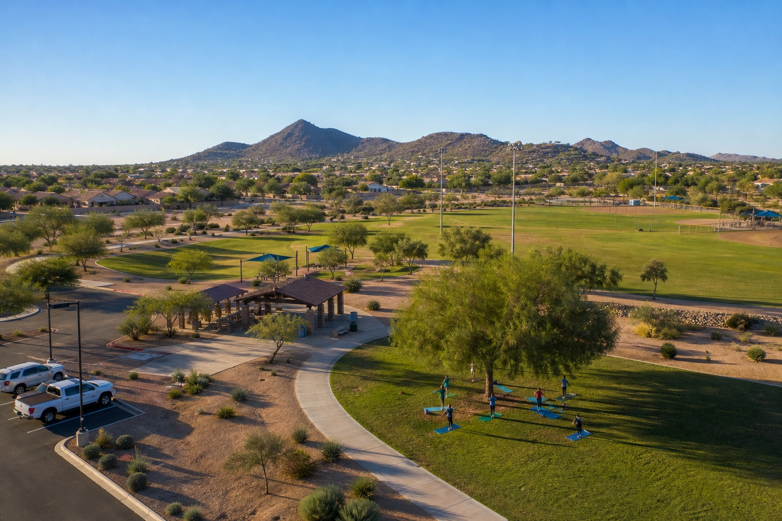 Aerial view of an Arizona park with outdoor class mats